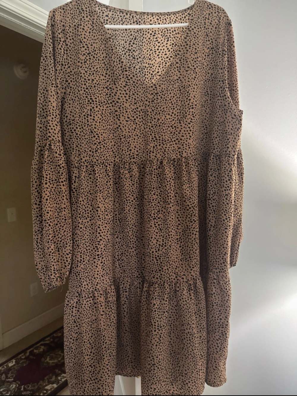 Brown Leopard Printed Tiered Long Sleeve Dress
